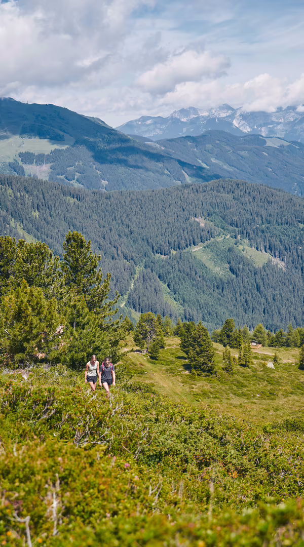 Zwei Frauen wandern auf einem grünen Berghang mit Bergpanorama.