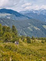 Zwei Frauen wandern auf einem grünen Berghang mit Bergpanorama.